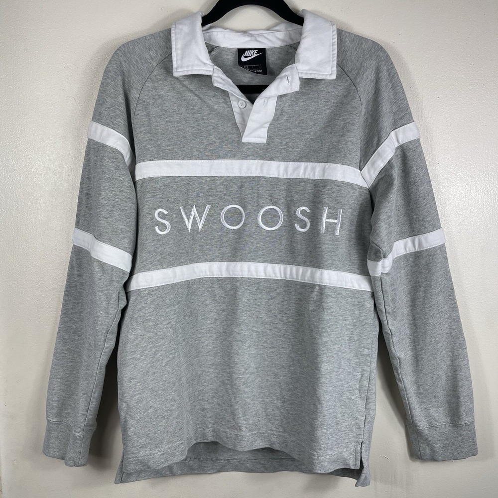 Nike Swoosh Rugby Polo Long Sleeve Logo Arm Stripes Grey Cotton Mens Size Small‎
